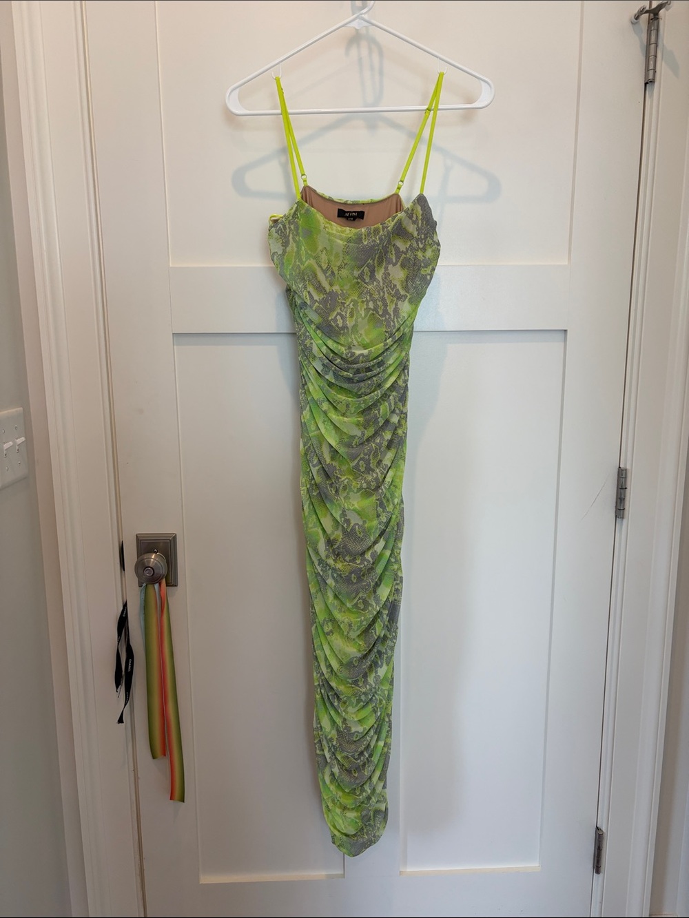 AFRM Hazel Neon Green Snake-Print Ruched Dress Size M.